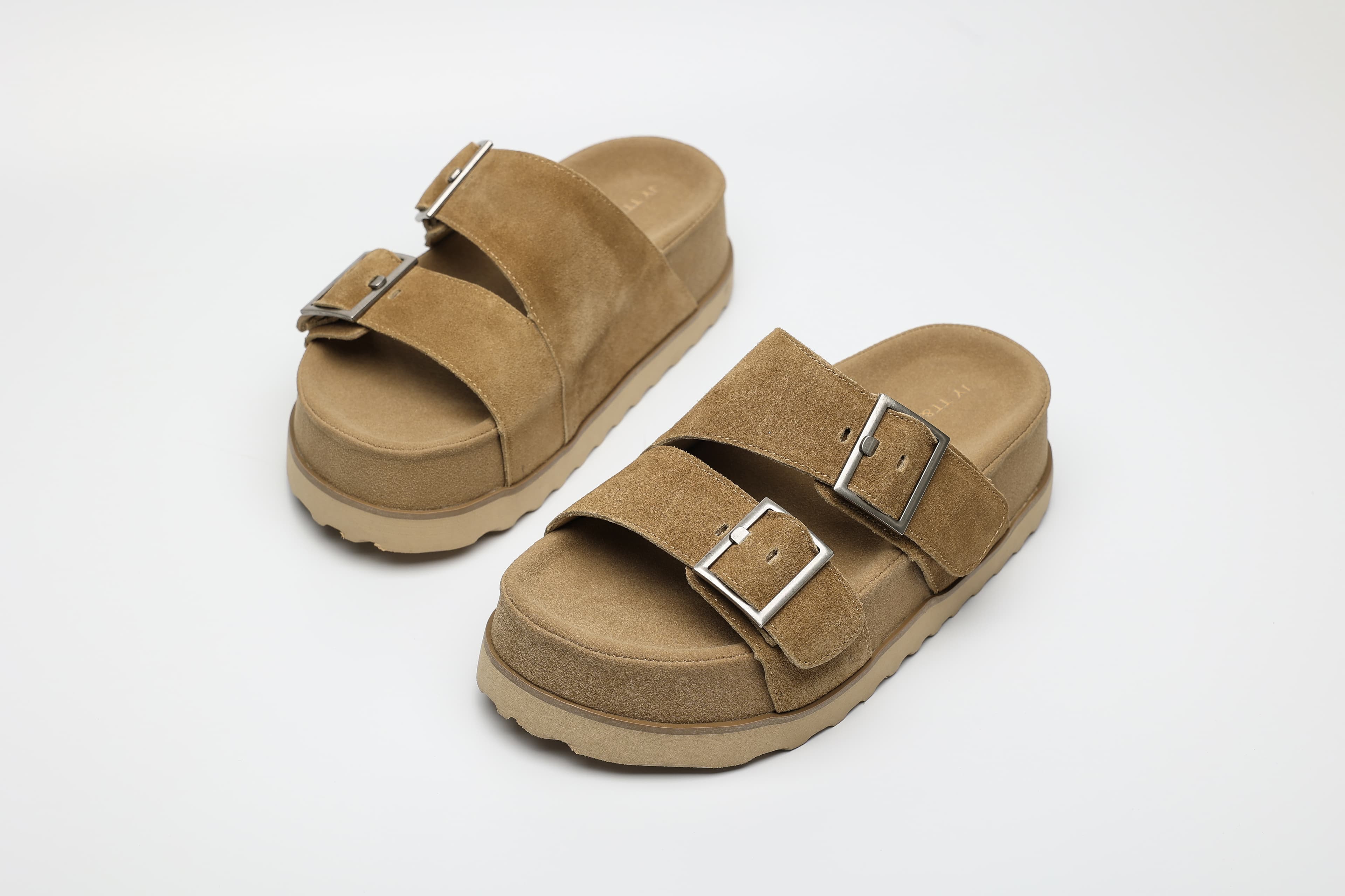 Double Buckle Cow Suede Flatform Sandals wholesale footwear style