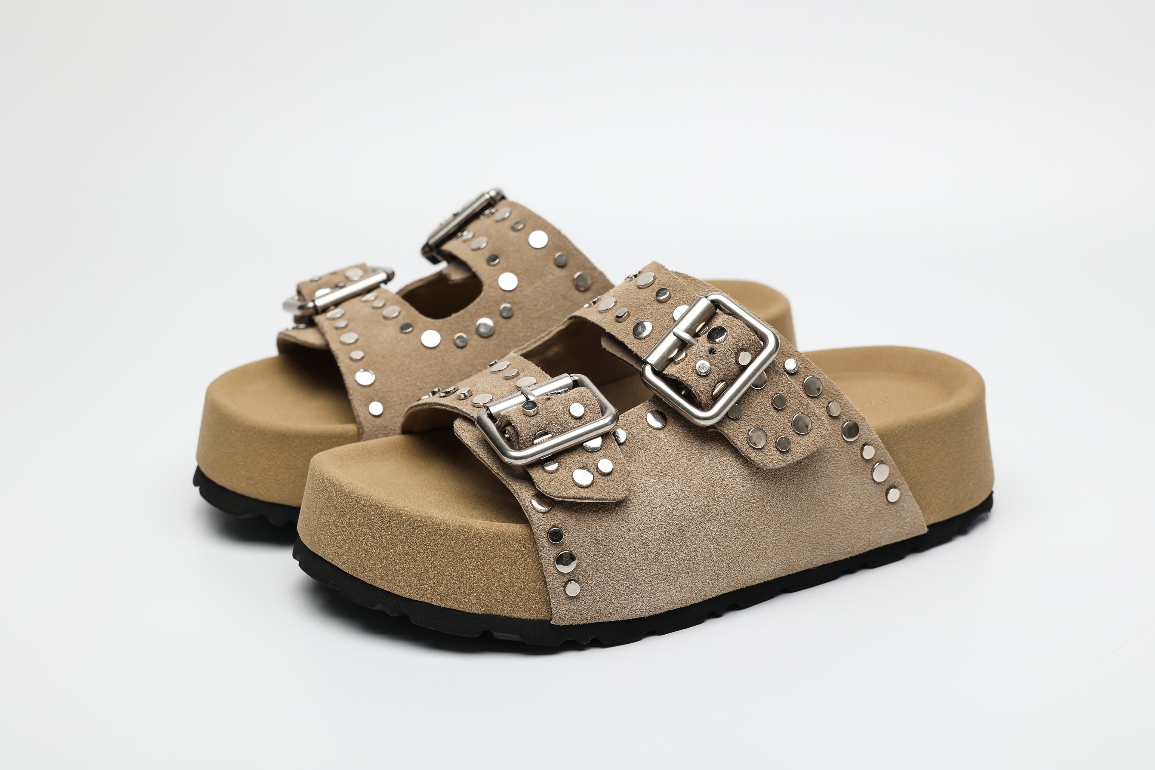 Studded Double Buckle Cow Suede Platform Sandals supporting product image 1