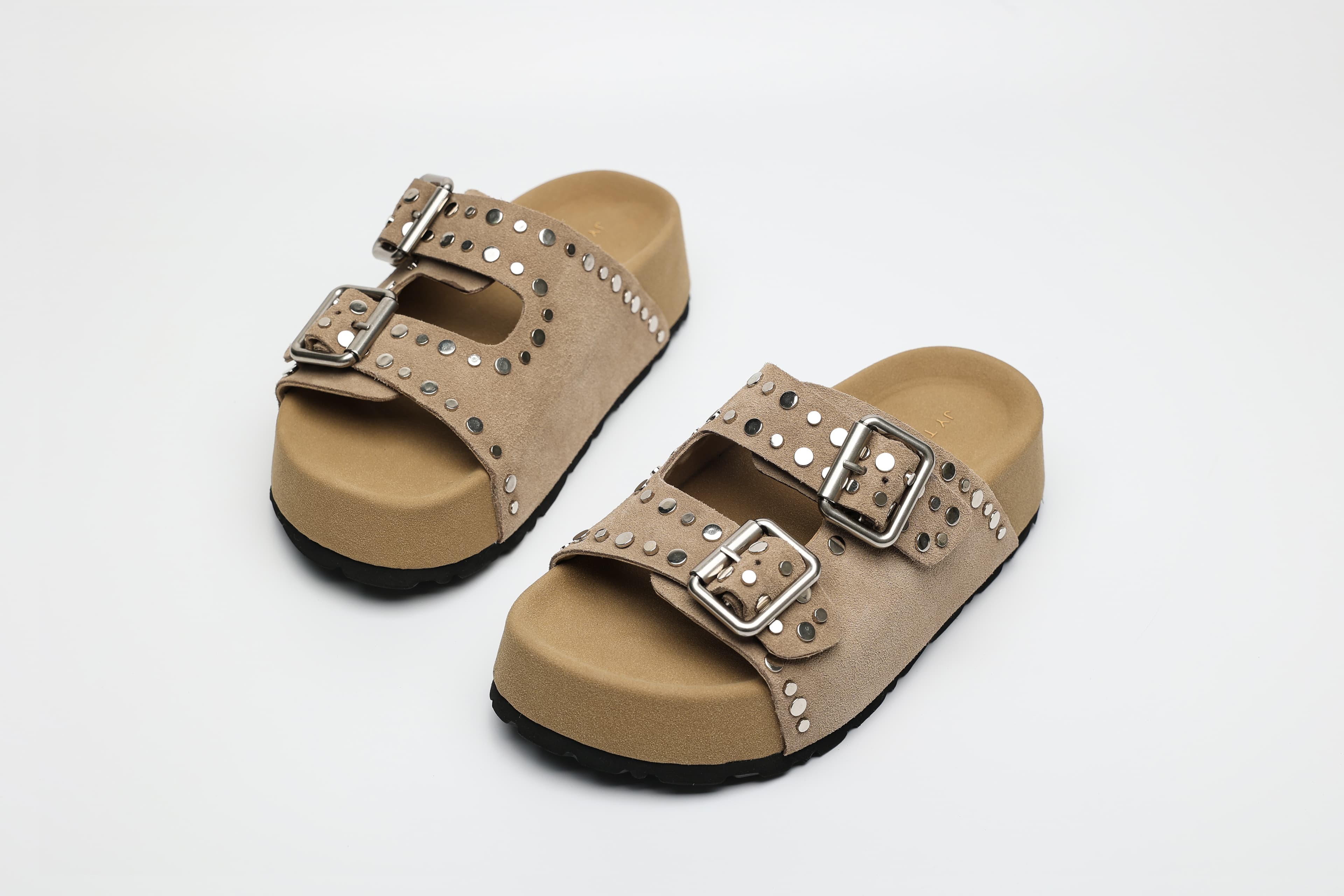 Studded Double Buckle Cow Suede Platform Sandals wholesale footwear style