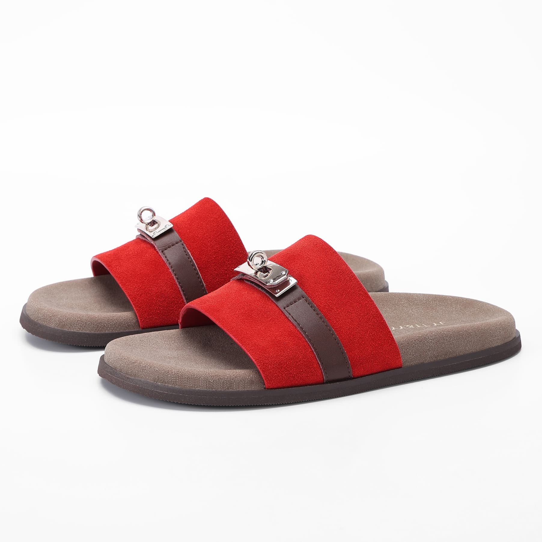 Metal Trim Cow Suede Two Band Slides supporting product image 2