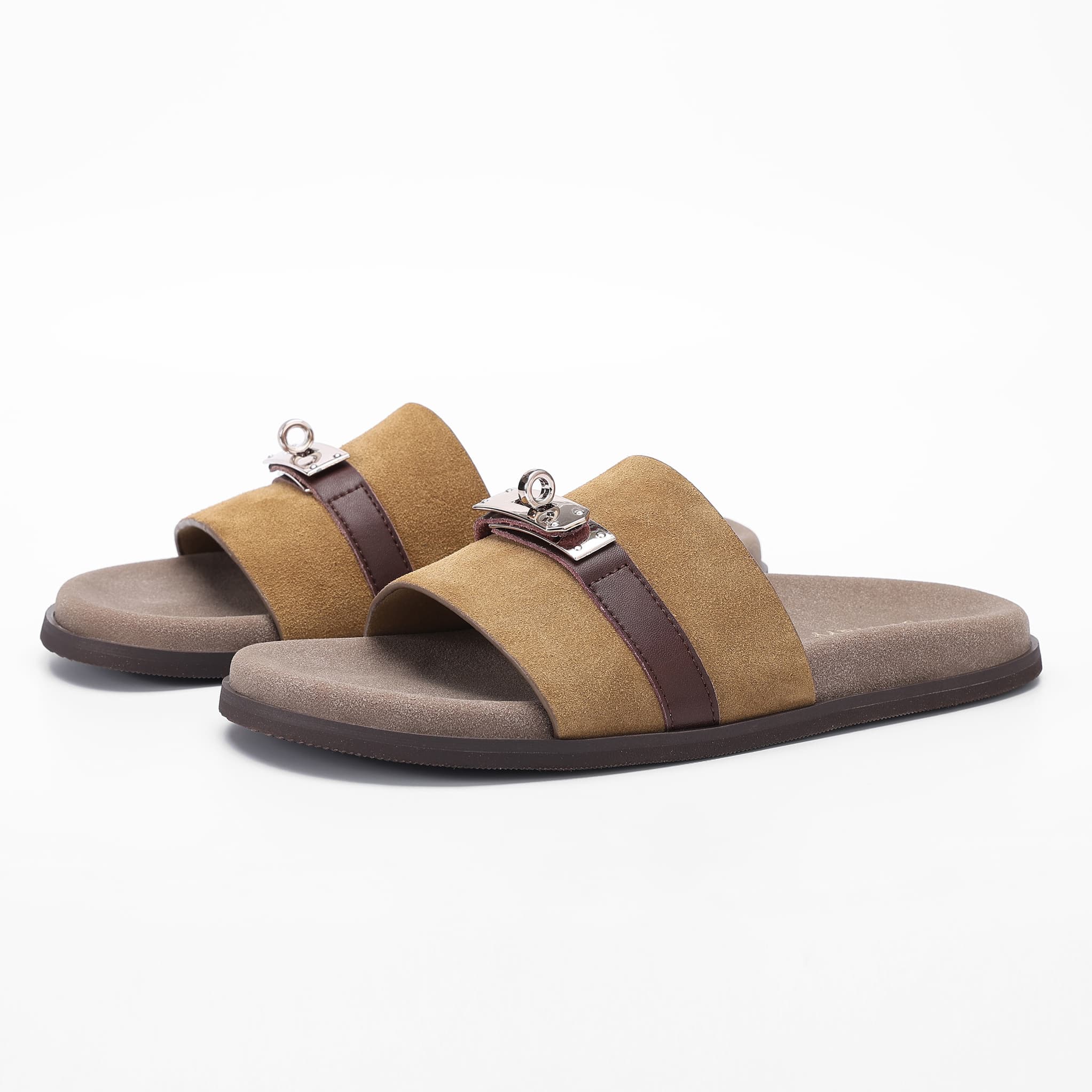 Metal Trim Cow Suede Two Band Slides wholesale footwear style