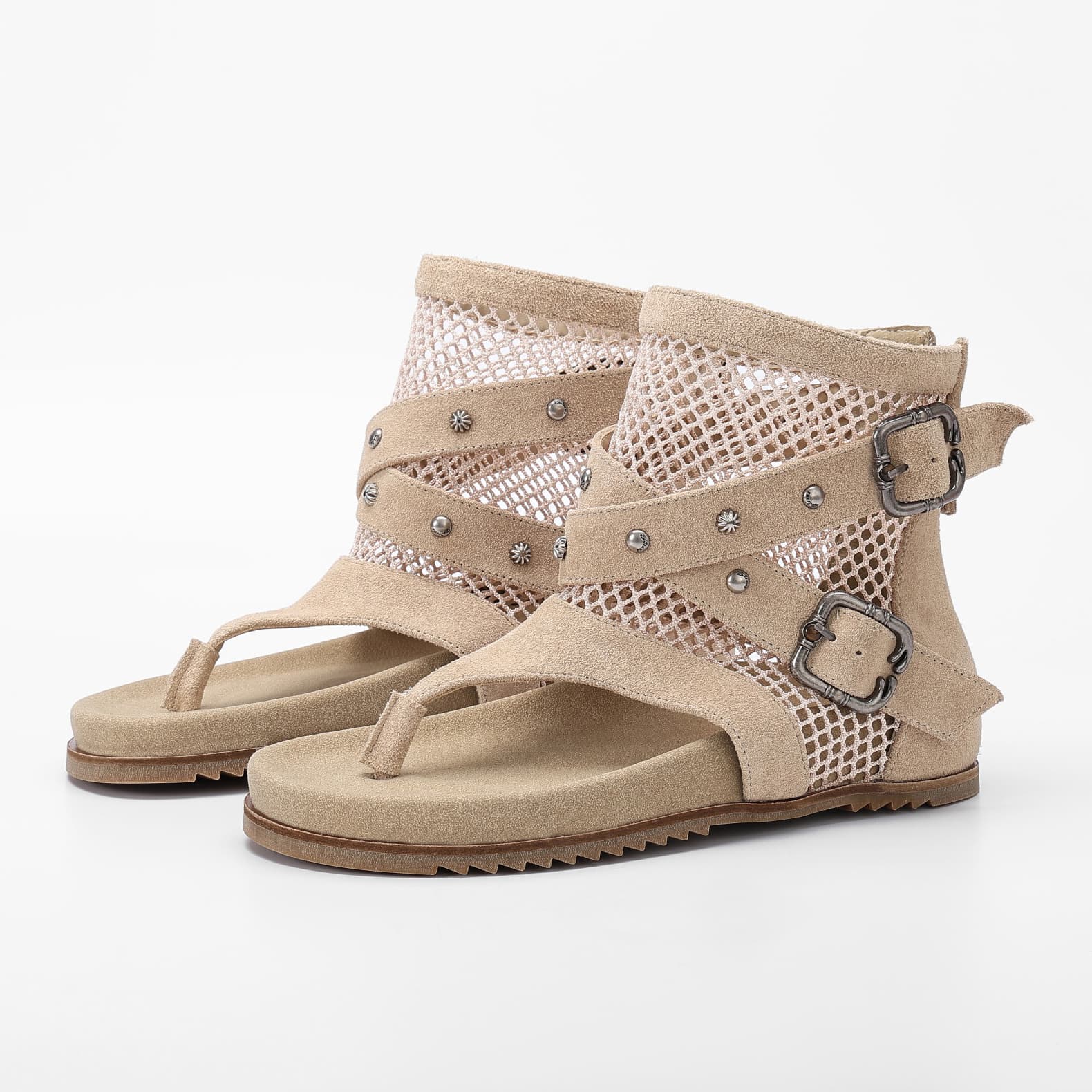 Mesh Ankle Thong Sandals with Cow Suede Trim supporting product image 1